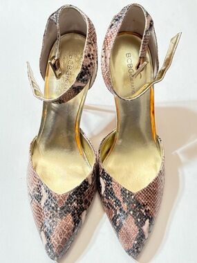 BCBGeneration Brown/Tan Snake Print Pointed Ankle-Strap Heels